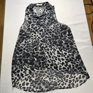 Ambiance Apparel Leopard Print Sleeveless Blouse Medium Sheer Button Front Top